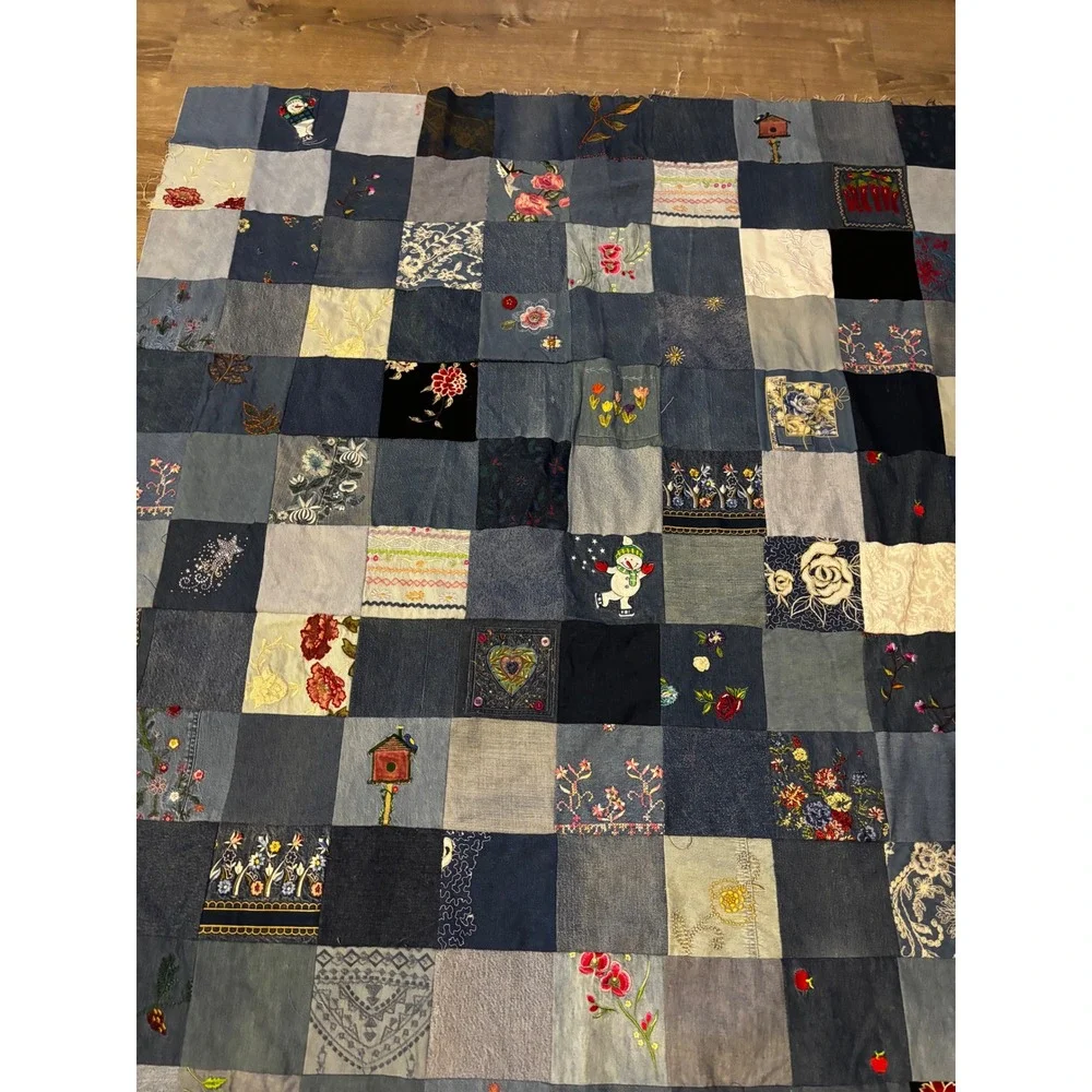 Unfinished Quilt Top Handmade Patchwork Denim Embroidered Upcycled Boho 71x52